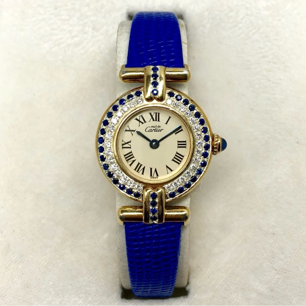CARTIER VERMEIL COLISEE Quartz 24mm GP Silver DIAMONDS & Blue SAPPHIRES Watch